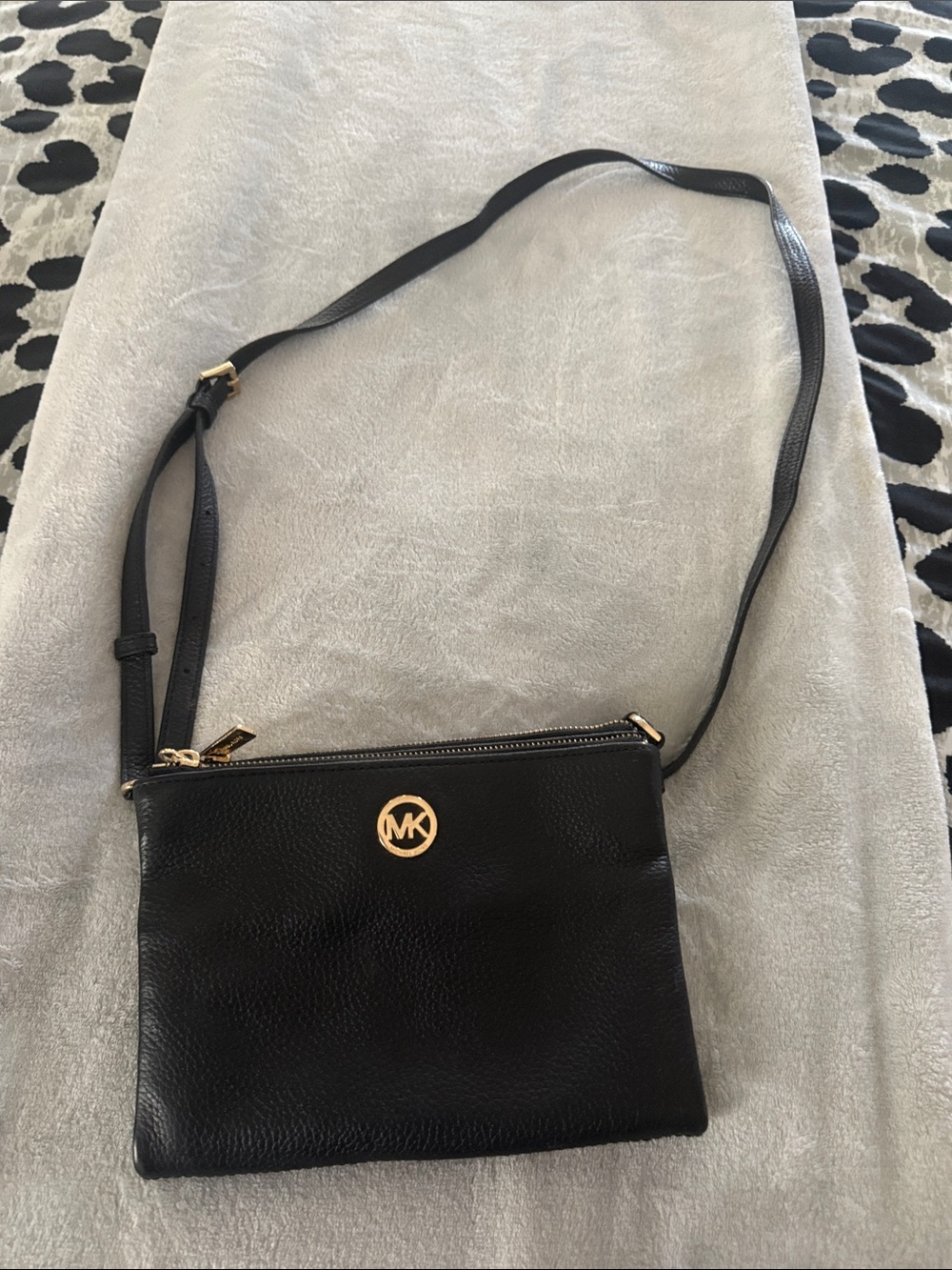 Michael Kors Black Leather Crossbody with Gold MK Emblem